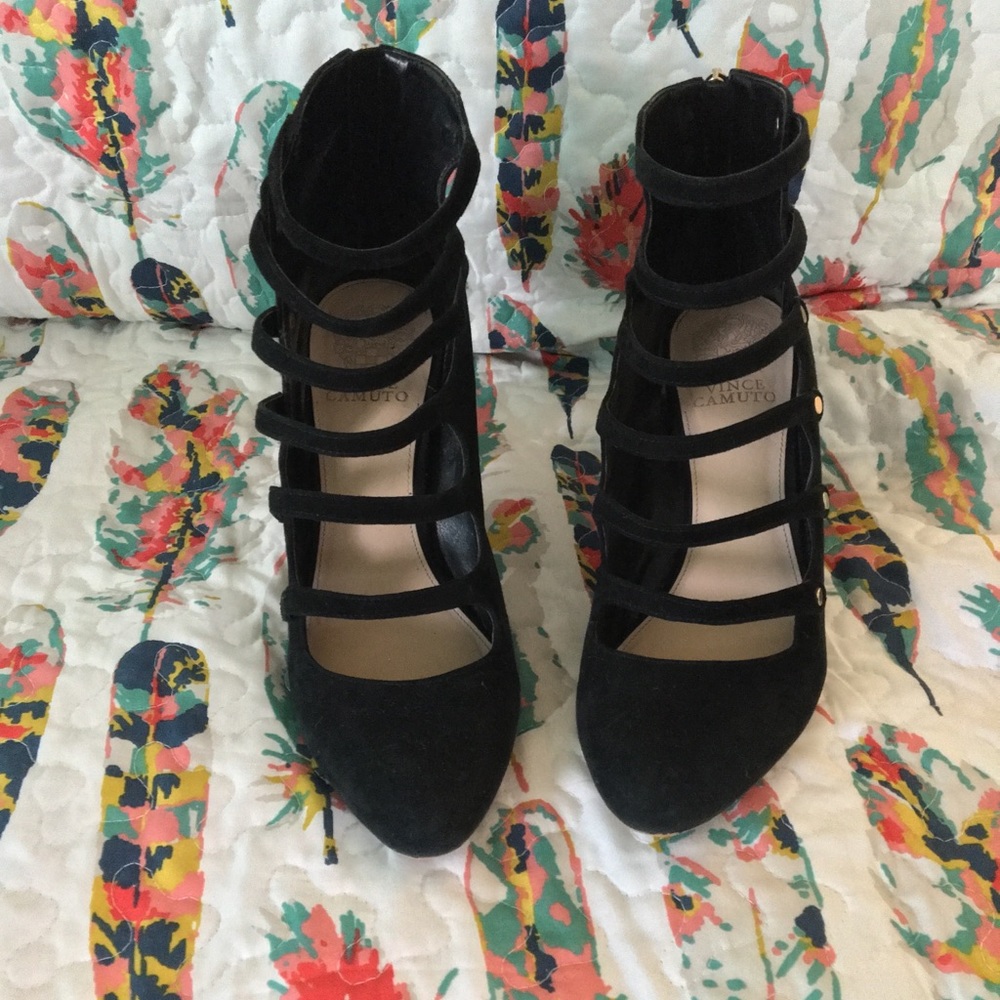 Vince Camuto Suede Gold button block black heel - Picture 2 of 4
